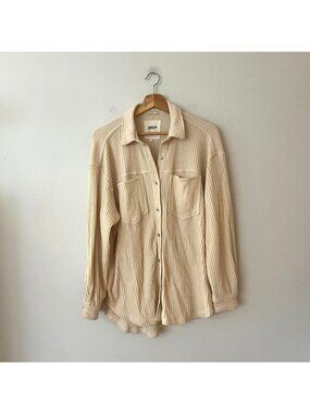 Aerie Lumberjane Oversized Button Up Waffle Shirt Cream Women's Size Small